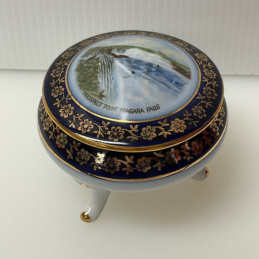 VINTAGE Trinket Box Niagara Falls Porcelain Round Lidded Footed Germany Blue +